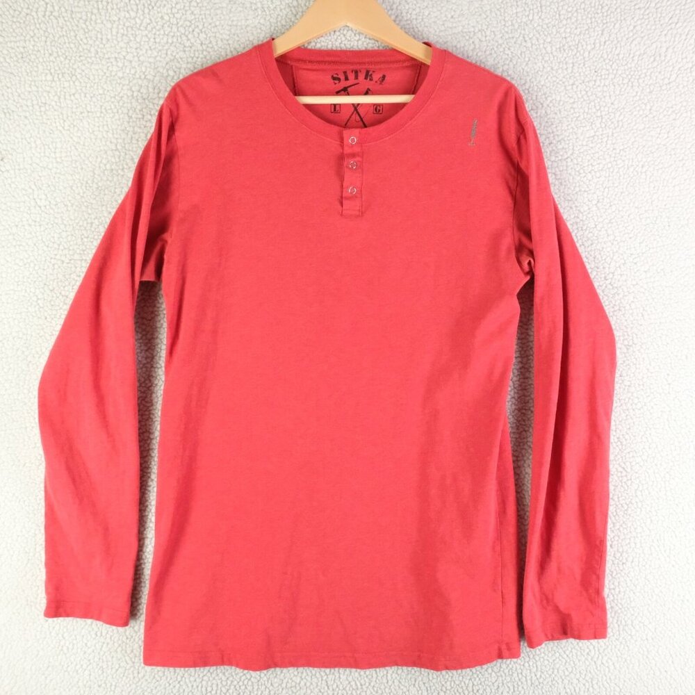 Sitka Henley Shirt Mens Large Red Long Sleeve Lightweight Cotton Snap Logo